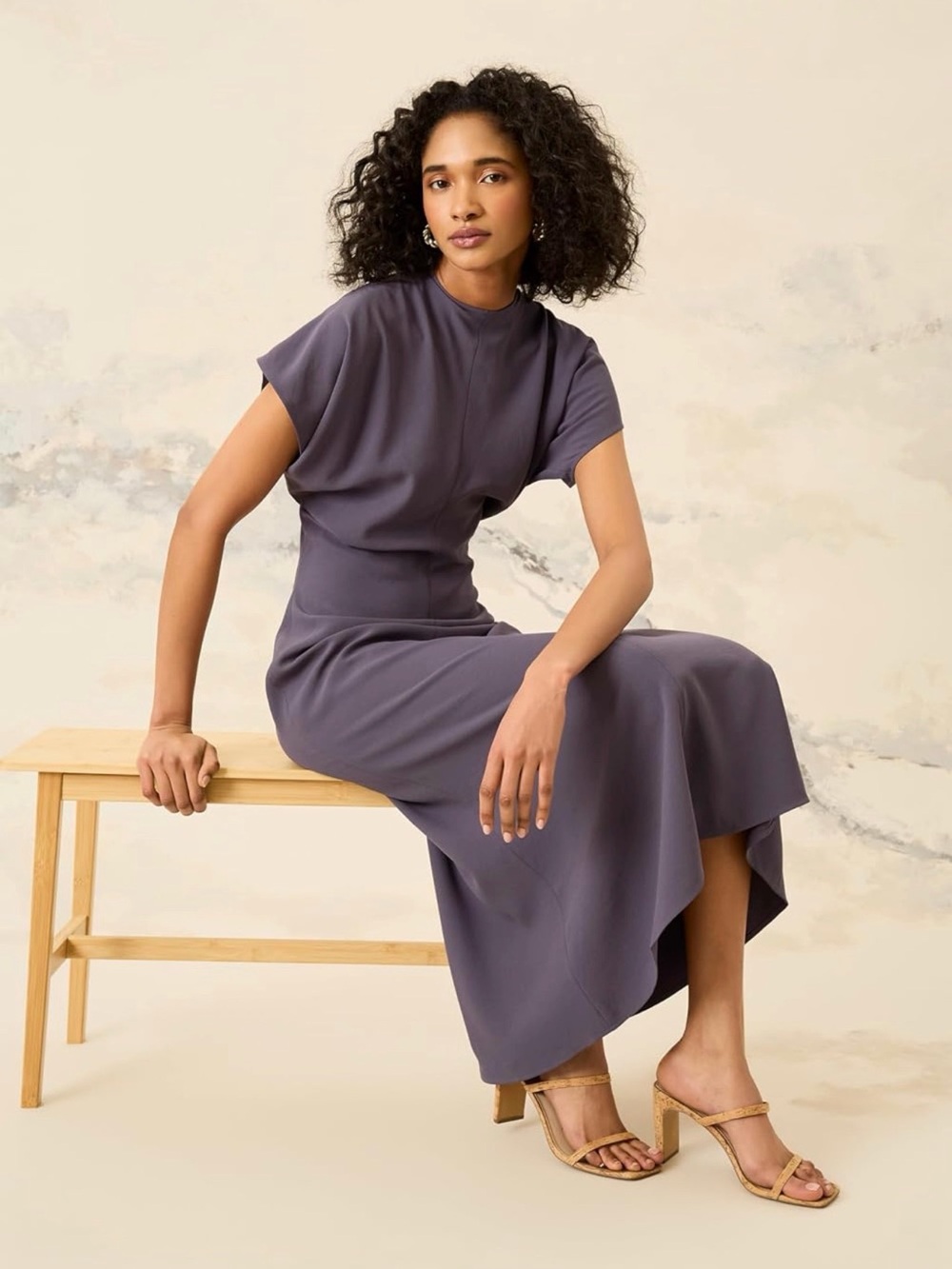 Mock Neck Slate Purple High-Low Midi Dress